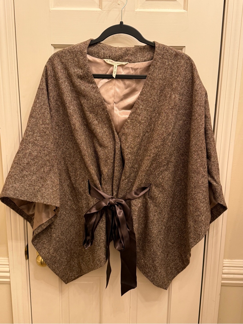 Rebecca Moses Brown Tweed Cape Poncho Jacket XL Satin Tie